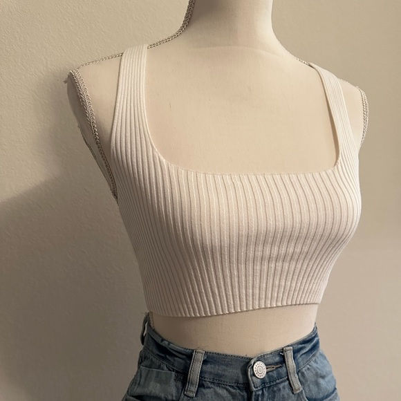 White Ribbed Crop Top with Cross Back and Tie Size Small - Picture 5 of 5